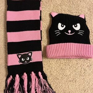 Pink and Black Cat Beanie and Scarf Set